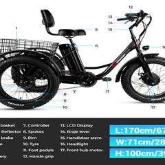 Non-Folding Electric Tricycle Bicycle|350W motor |48V 15.6AH|20inch|25km/h|28-35miles|20MPH