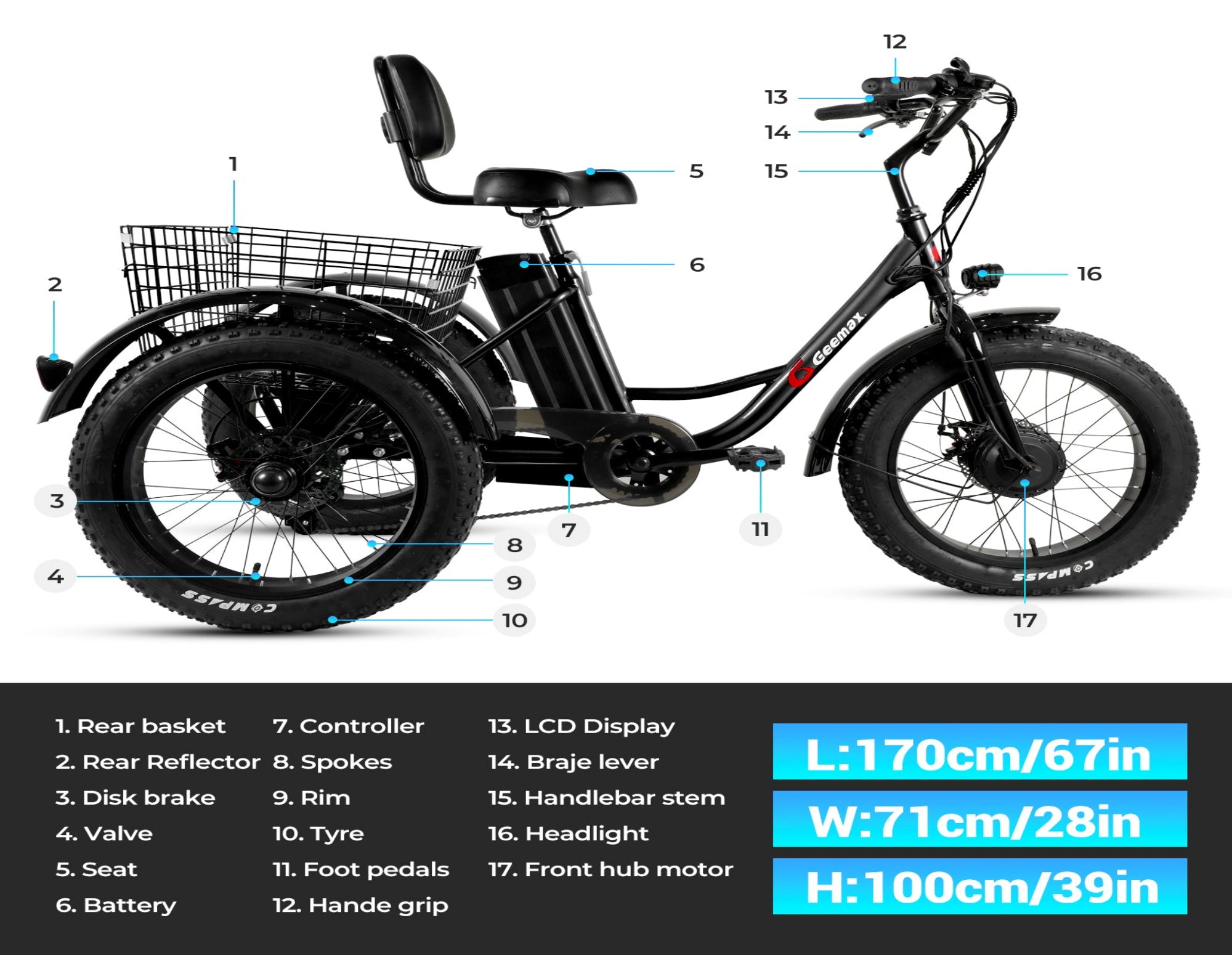 Non-Folding Electric Tricycle Bicycle|350W motor |48V 15.6AH|20inch|25km/h|28-35miles|20MPH