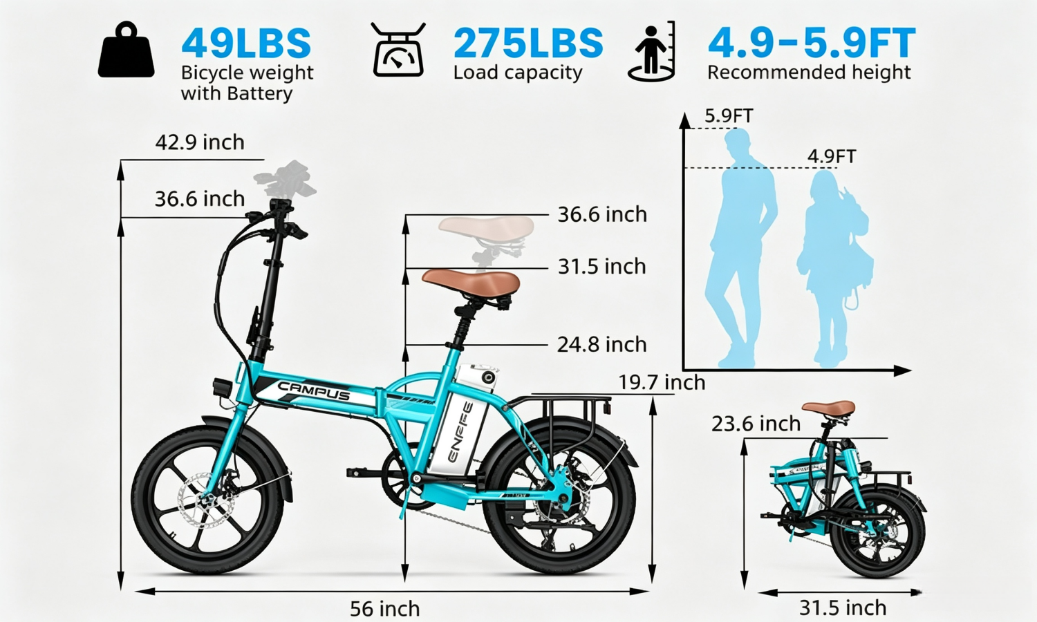 EF2 Folding E-Bikes|750W motor|36V 9AH|30-50KM|20MPH|16inch*2.5