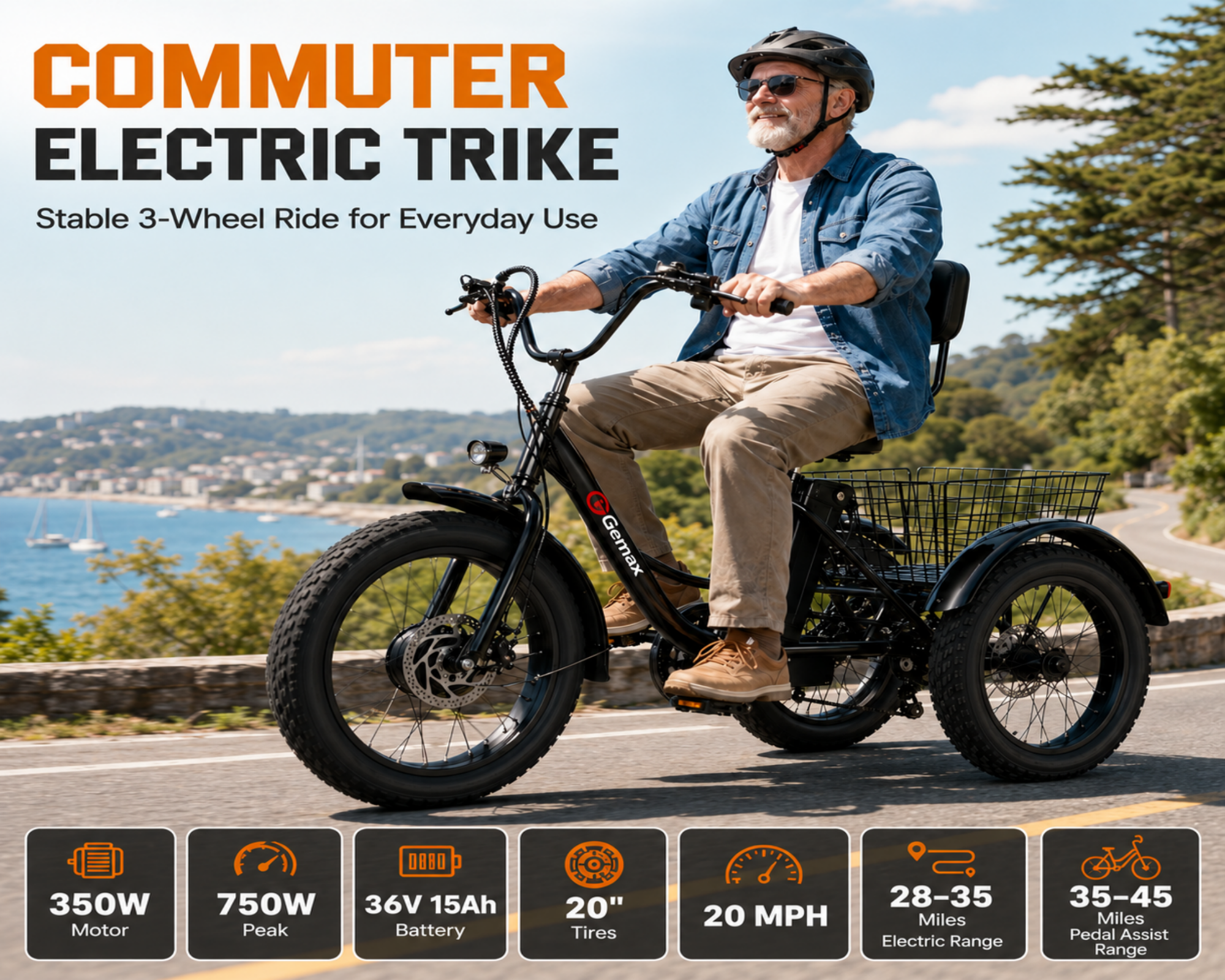 Non-Folding Electric Tricycle Bicycle|350W motor |48V 15.6AH|20inch|25km/h|28-35miles|20MPH