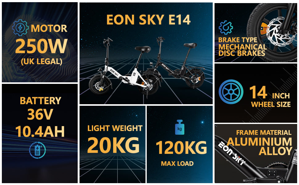 E14 Folding E-Bikes| 36V 10.4Ah | 25-35KM | 14*2.5 inch | 20.8KG | Front and rear disc brakes | Front shock absorber
