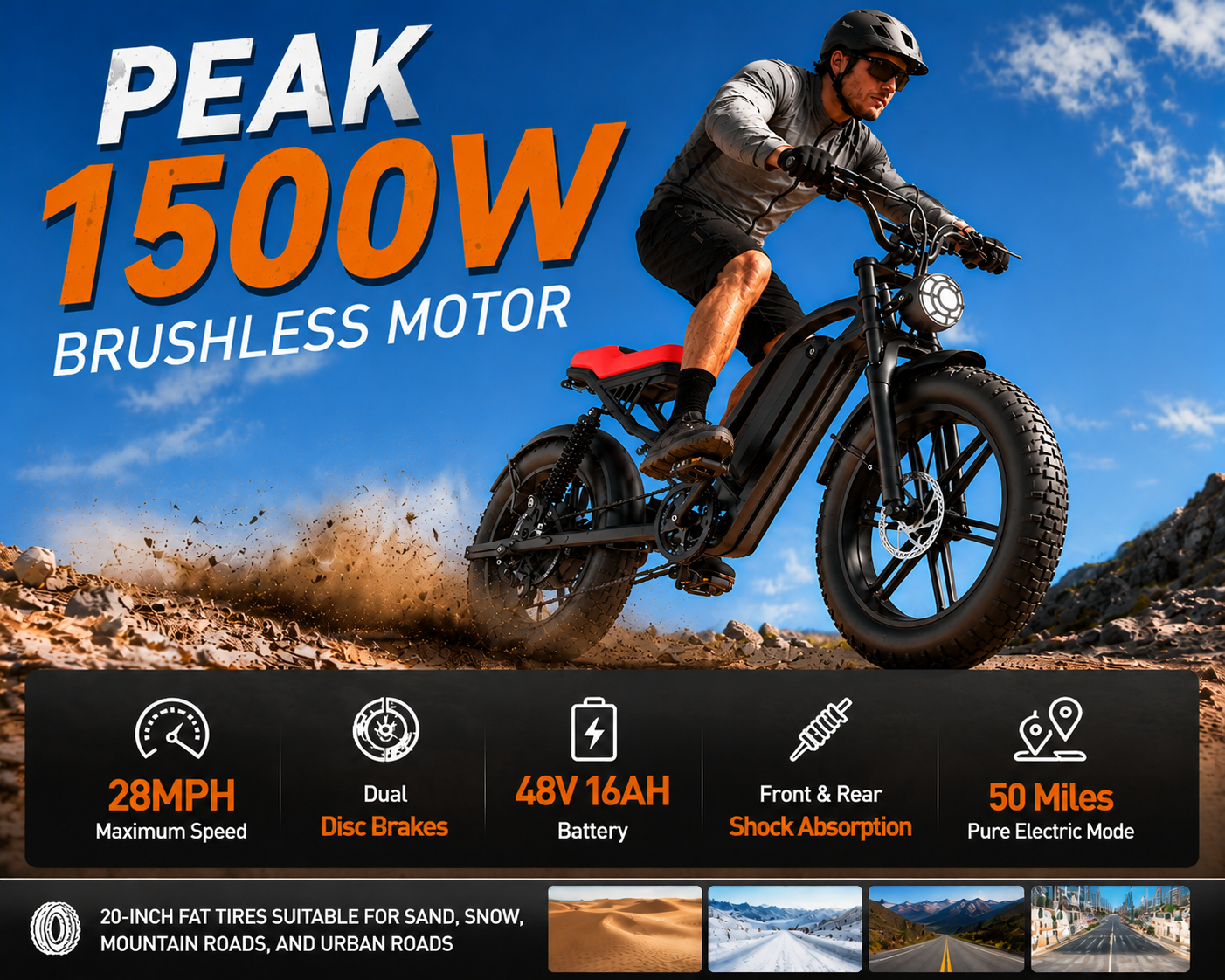 GT50 Electric Bike|1500W Motor|48V 16Ah|28Mph|50Miles|20 inch