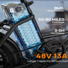 E20 Electric Bike|745W Motor|48V 13Ah |20*3.0 inches|20MPH| 80miles